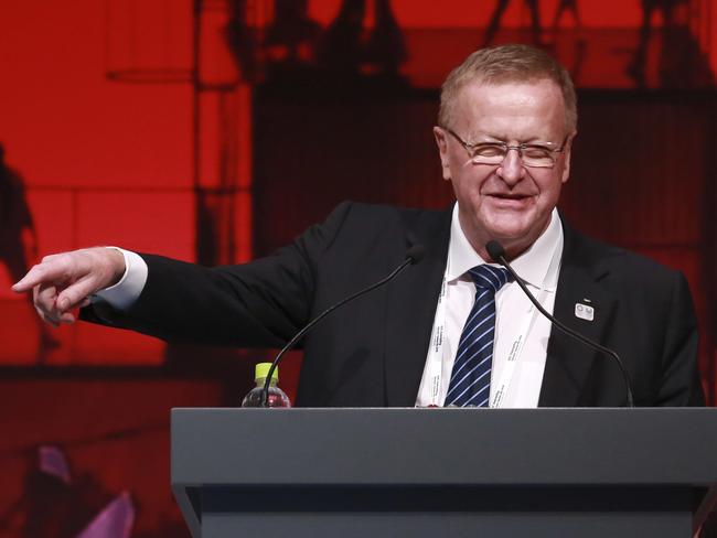 FILE - In this Nov. 30, 2016, file photo, IOC Vice President John Coates delivers a speech during the closing plenary session of the IOC Debriefing of the Olympic Games Rio 2016, in Tokyo. The IOC could lose one of its most influential officials when Coates faces the first opposition to his leadership in Australia. Coates, who has been president of Australian Olympic Committee for 27 years and who heads the IOCâ€™s coordination commission for the 2020 Tokyo Games, faces Danni Roche in a secret vote at the AOC's annual general meeting on Saturday, May 6, 2017 in Sydney. (AP Photo/Eugene Hoshiko, File)