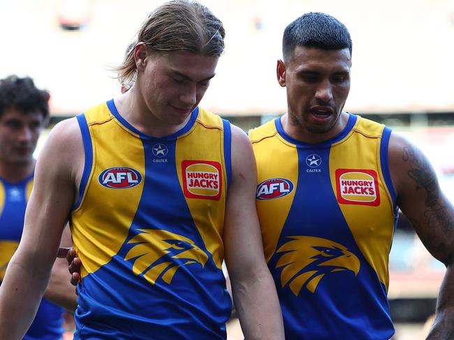 MELBOURNE, AUSTRALIA - JULY 07: Harley Reid and Tim Kelly of the Eagles look dejected after losing the round 17 AFL match between Melbourne Demons and West Coast Eagles at Melbourne Cricket Ground, on July 07, 2024, in Melbourne, Australia. (Photo by Quinn Rooney/Getty Images)