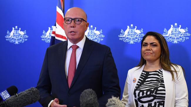 Opposition Leader Peter Dutton and Shadow Minister for Indigenous Australians Senator Jacinta Price address the media after the No vote prevailed.