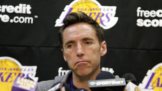 FILE - In this April 29, 2013, file photo, Los Angeles Lakers guard Steve Nash talks to reporters during an NBA basketball news coneference in El Segundo, Calif. Nash will miss the entire season because of a back injury, the Lakers announced Thursday, Oct. 23, 2014, putting the two-time NBA MVP point guard's career in doubt. (AP Photo/Chris Carlson, File)