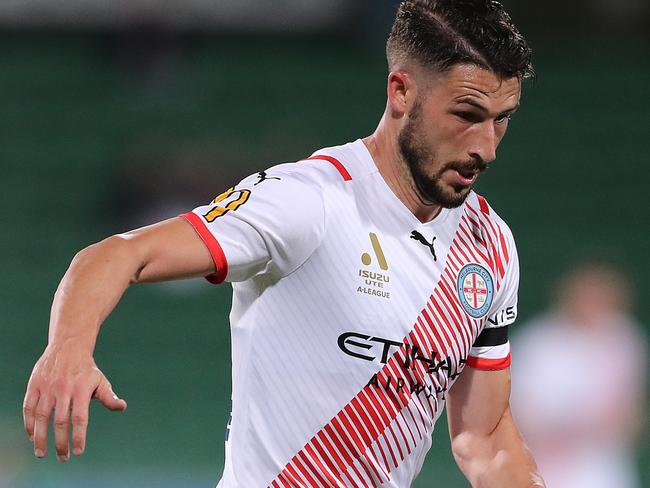 PERTH, AUSTRALIA - MAY 04: Mathew Leckie of Melbourne City  controls the ball during the A-League Mens match between Perth Glory and Melbourne City at HBF Park, on May 04, 2022, in Perth, Australia. (Photo by Will Russell/Getty Images)