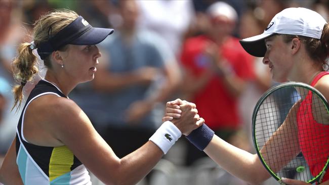 Kontaveit and Iga Swiatek show respect for each other after the match. Picture: AP