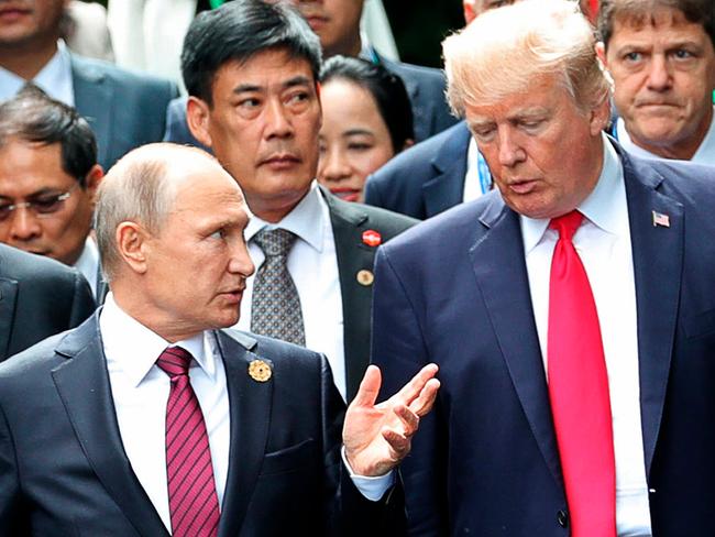 US President Donald Trump, right, and Russia President Vladimir Putin. Picture: AP