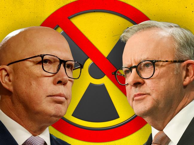 19 June 2024; Peter Dutton and Anthony Albanese in front of the no nuclear sign. Artwork by Emilia Tortorella. Sources: Supplied. Ratio 16:9.