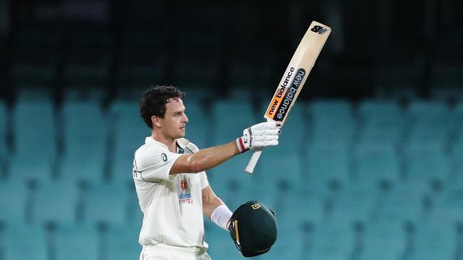 SYDNEY, AUSTRALIA - DECEMBER 13: Jack Wildermuth of Australia A celebrates scoring his century during day three of the Tour Match between Australia A and India at Sydney Cricket Ground on December 13, 2020 in Sydney, Australia. (Photo by Brendon Thorne/Getty Images)