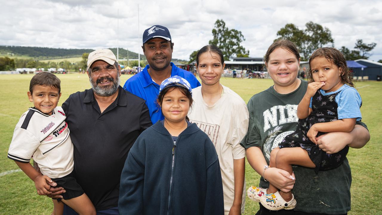 At the Warriors Reconciliation Carnival women's games are (from left) Kylan Robinson, Andrew Robinson, James Hagan, Lily Robinson, Ellah Robinson, Charlotte Robinson and Kennedy Robinson hosted by Toowoomba Warriors, Saturday, January 18, 2025. Picture: Kevin Farmer