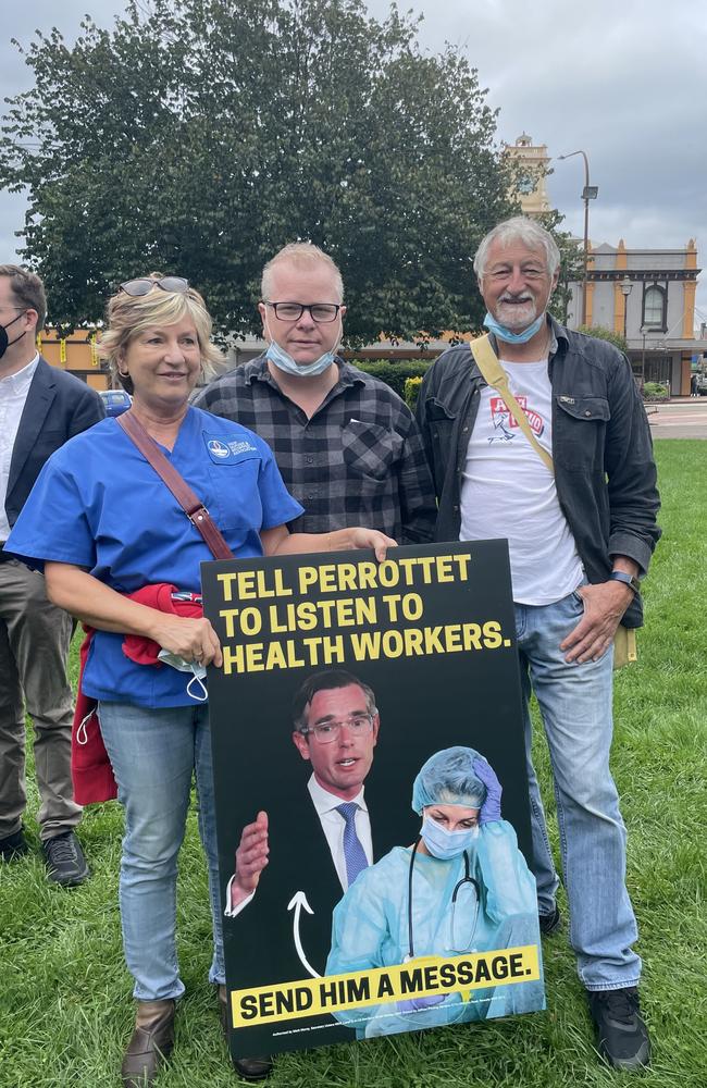 President of Goulburn District Unions (GDU), Anna Wurth-Crawford, Goulburn Mulwaree Councillor and member for GDU Jason Shephard and member for GDU Greg Evans, at Thursdays NMA strike at Belmore Park.