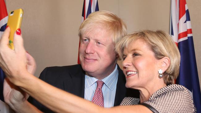 Foreign Minister Julie Bishop takes a selfie with her British counterpart Boris Johnson in Sydney yesterday. Picture: AAP
