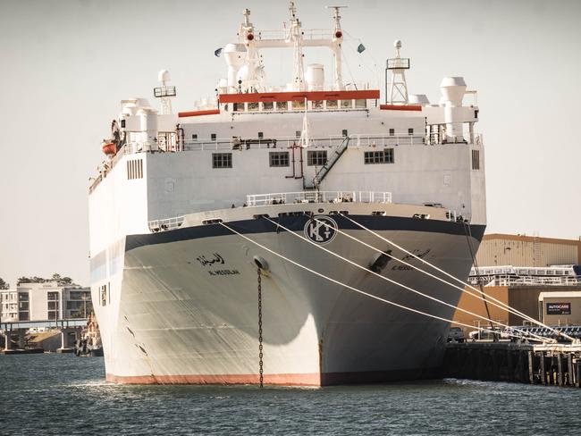 The livestock carrier Awassi Express is seen moored at Fremantle Port in Greater Perth, Friday, April 27, 2018. The Awassi Express has been held up in Fremantle Port for about three weeks. (AAP Image/Tony McDonough) NO ARCHIVING