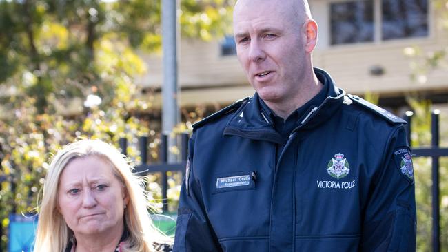 Superintendent Michael Cruse addresses the media outside Exford Primary School alongside principal Lisa Campo. Picture: Mark Stewart