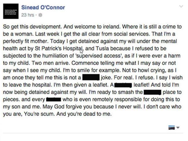 Sinead O'Connor's Facebook post about her hospitalisation.