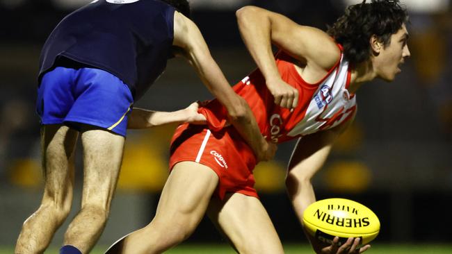 Tyreece Lieu in action for the Young Guns during the AFL Talent Pathway match between Young Guns and Vic Metro U18 at Avalon Airport Oval on May 07, 2022. Photo by Mike Owen/AFL Photos/via Getty Images