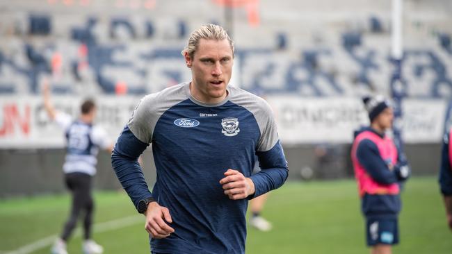 Mark Blicavs completed light running at training.. Picture: Brad Fleet