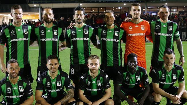 The Western United lineup ahead of their friendly against Caroline Springs George Cross in August. Back row (l-r) Connor Chapman, Andrew Durante, Panagiotis Kone, Alessandro Diamanti, Filip Kurto and Ersan Gulum. Front row (l-r): Scott McDonald, Josh Risdon ,Connor Pain ,Valentino Yuel and Brendan Hamill. Picture: AAP