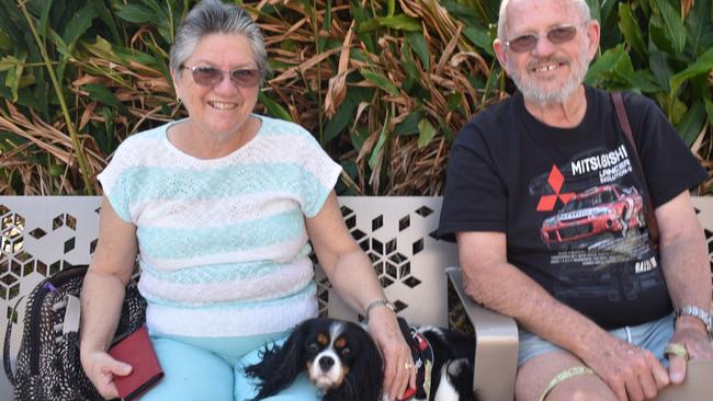 Ipswich 2023 Dog Day at Nicholas Street Precinct pictured is Ralph Woollie and Rose-Marie Woollie with dog Pepper