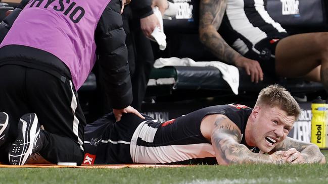 Jordan De Goey will miss at least a week with a strain deep in his glute suffered during the win over Geelong on Friday night. Picture: Darrian Traynor / Getty Images