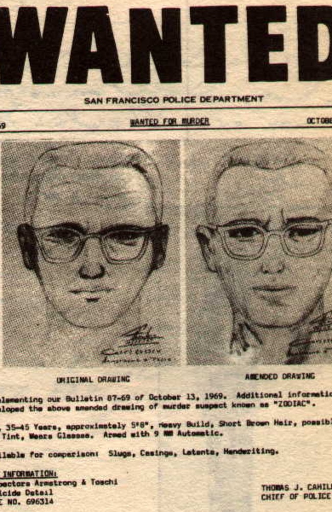 A 1968 “Wanted” poster for the Zodiac Killer. Picture: Supplied