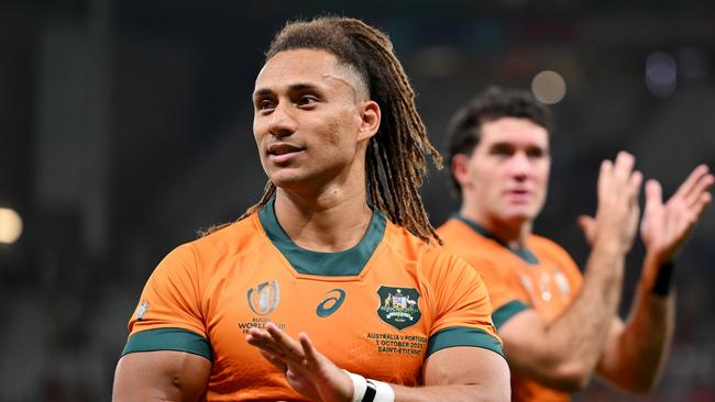 SAINT-ETIENNE, FRANCE - OCTOBER 01: Issak Fines-Leleiwasa of Australia applauds the fans at full-time following the Rugby World Cup France 2023 match between Australia and Portugal at Stade Geoffroy-Guichard on October 01, 2023 in Saint-Etienne, France. (Photo by Laurence Griffiths/Getty Images)