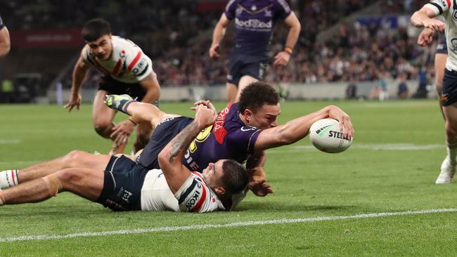 *APAC Sports Pictures of the Week - 2023, September 18* - MELBOURNE, AUSTRALIA - SEPTEMBER 15: Will Warbrick of the Storm scores a try during the NRL Semi Final match between Melbourne Storm and the Sydney Roosters at AAMI Park on September 15, 2023 in Melbourne, Australia. (Photo by Kelly Defina/Getty Images)