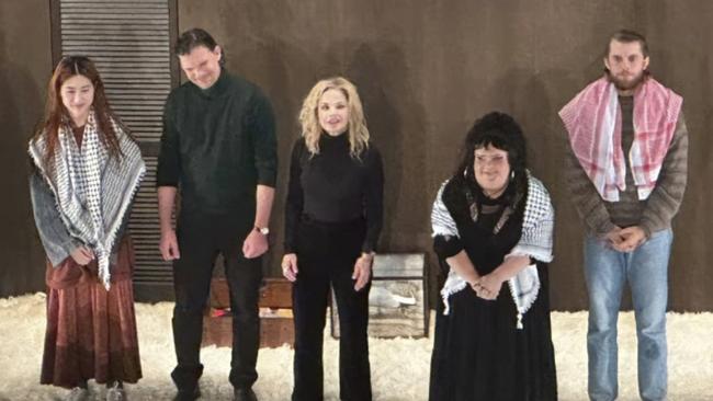 Harry Greenwood (R) along with co-stars Megan Wilding (2nd R) and Mabel Li (L) wore keffiyeh scarfs during the encore at the opening night of the STC production of The Seagull at Sydney’s Roslyn Packer Theatre. Picture: Instagram