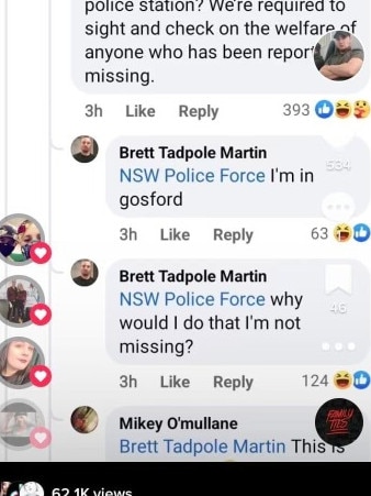 Screenshot of a Facebook post by police trying to locate missing Brett Martin, who then mocked police. A warrant is now out for his arrest Credit: Facebook