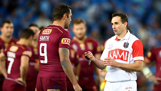 SYDNEY, AUSTRALIA — JULY 13: Cameron Smith of the Maroons talks to match referee Gerard Sutton during game three of the State of Origin series between the New South Wales Blues and the Queensland Maroons at ANZ Stadium on July 13, 2016 in Sydney, Australia. (Photo by Cameron Spencer/Getty Images)