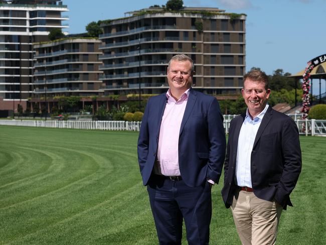 Brisbane Racing Club chairman Richard Morrison and CEO Karl de Kroo, Eagle Farm Racecourse. Picture: Liam Kidston