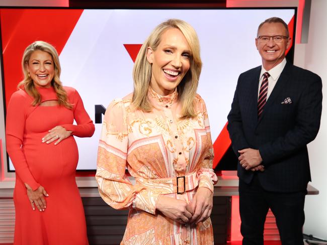 Radio star Emily Jade O'Keeffe taking over from weather presenter Liz Cantor at 7 News Gold Coast, who is going on maternity leave. Presenter Steve Titmus with the pair on set at Surfers Paradise. Picture Glenn Hampson .