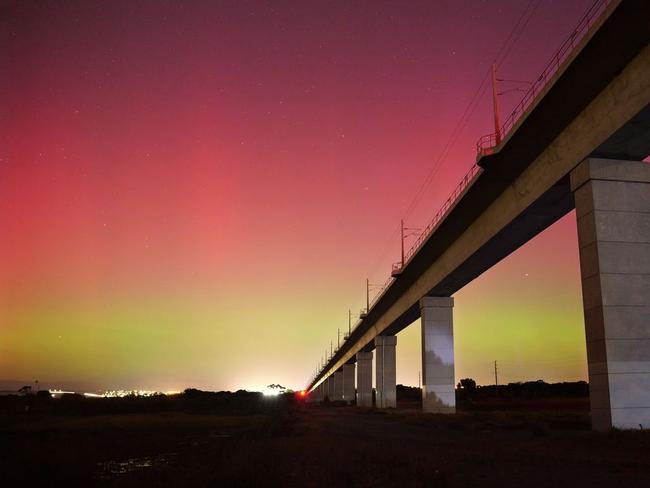 The light show from Seaford Line Bridge at Adelaide. Picture: Zachary Mabus