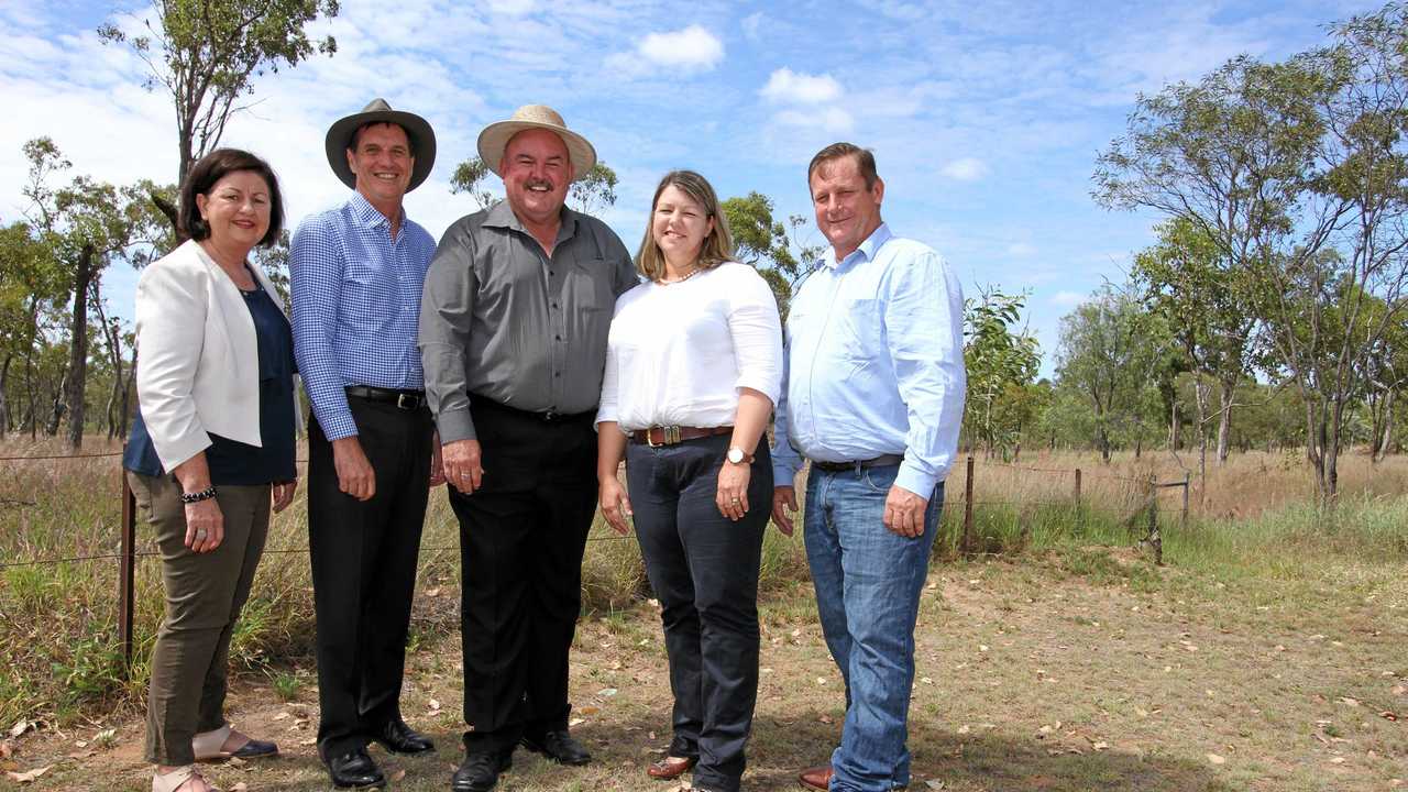 Isaac Mayor Anne Baker, Acting Minister for Agriculture and Rural Economic Development and Minister for State Development, Natural Resources and Mines, Anthony Lynham, ALP candidate for Burdekin Mike Brunker, and Sondella Meat Works proponents Josie and Blair Angus. Picture: Sharon Smallwood