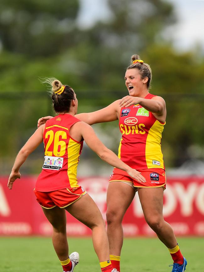 PERTH, AUSTRALIA - MARCH 15: Jordann Hickey of the Suns celebrates a goal during the 2020 AFLW Round 06 match between the West Coast Eagles and the Gold Coast Suns at Mineral Resources Park on March 15, 2020 in Perth, Australia. (Photo by Daniel Carson/AFL Photos via Getty Images)