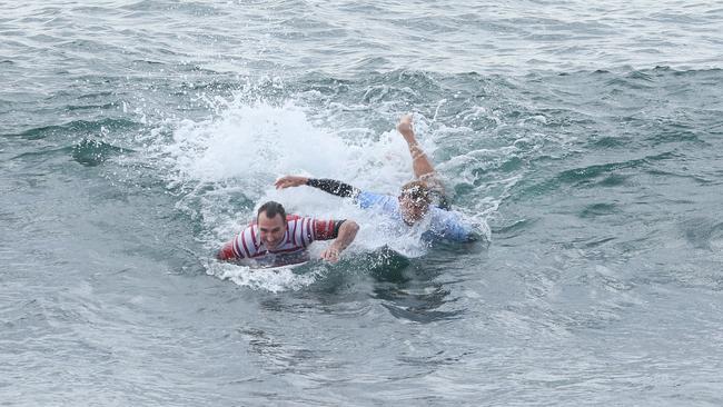Mick Fanning and Joel Parkinson at the Surf of Origin at Burleigh Beach. Picture: Annette Dew