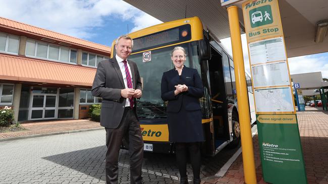 Deputy Premier Jeremy Rockliff with Metro Tasmania CEO Megan Morse in front of one of the new Tasmanian built Metro buses. Picture: LUKE BOWDEN