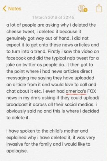 The heartfelt apology posted to Twitter. Source: Twitter