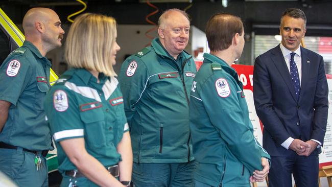 Premier Peter Malinauskas at with ambulance officers at a Parkside press conference on June 29, 2022, to announce the biggest ambulance fleet order yet to mark his government’s 100th day in office. Picture NCA NewsWire / Emma Brasier