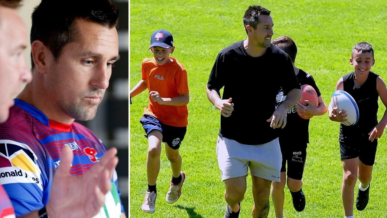 Mitchell Pearce front the media (left) and trains with the under-12 Griffith touch football rep team ahead of his move to France. Picture: Max Agency