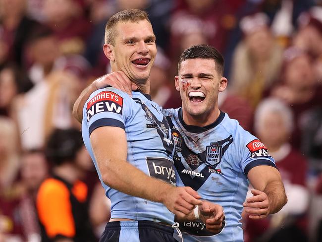 Sure, Tom Trbojevic and Nathan Cleary are smiling now but wait till Corey Parker gets hold of them! Picture: Mark Kolbe/Getty Images