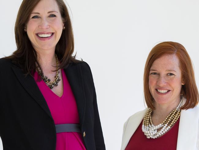 In this photo taken April 1, 2015, Jen Psaki,, right, and Katie Fallon, pose at the White House in Washington. Communications director Jen Psaki and legislative affairs director Katie Beirne Fallon say Obama has pledged to support them as they start their families while working on his senior team. Psaki is expecting a daughter in July and Fallon is scheduled to give birth to identical twin boys in May. (AP Photo/Evan Vucci)