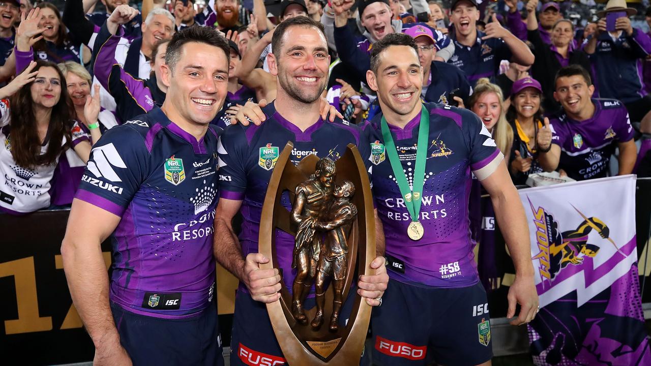 The Storm’s ‘big three’ – Cooper Cronk, Cameron Smith and Billy Slater – after winning the 2017 NRL Grand Final. Picture: Cameron Spencer / Getty Images