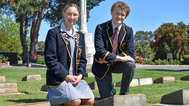 Scotch College Year 11 students Lucie Spurling and Hugh Whittle at Centennial Park ahead of Remembrance Day.