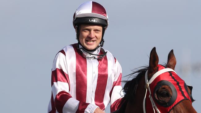 Jockey Jason Maskiell was taken to hospital after a fall at Geelong on Thursday. Picture: AAP