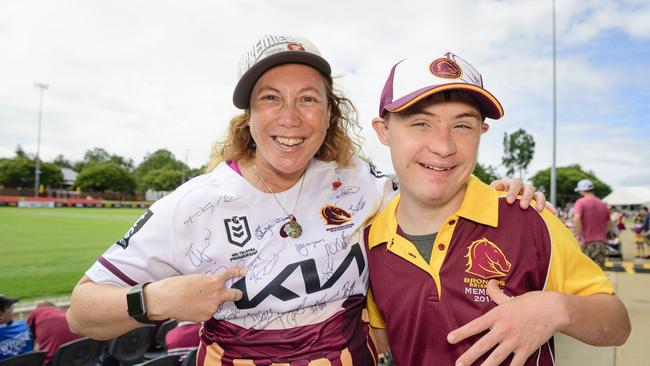 Anna and Dominic Hanssen show their support at the Brisbane Broncos Captain's Run and Toowoomba Fan Day at Toowoomba Sports Ground, Saturday, February 15, 2025. Picture: Kevin Farmer