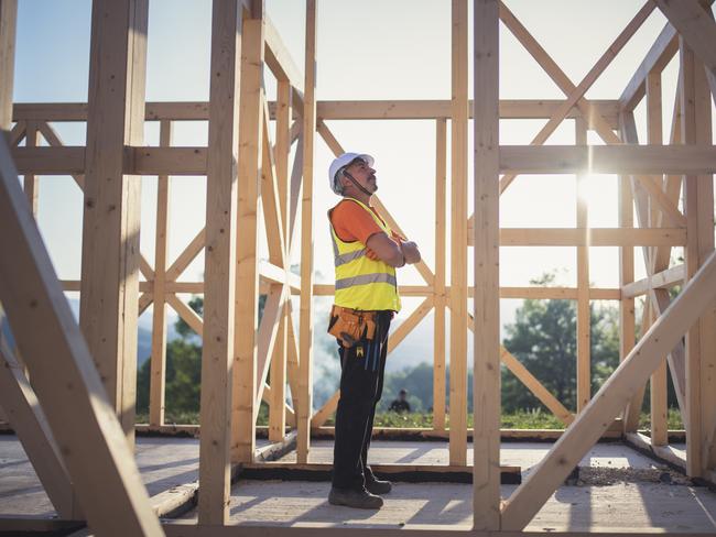 Shot of a senior builder working on wooden house in nature.