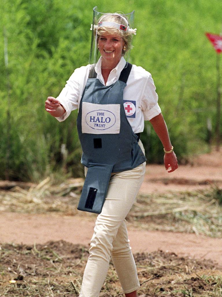 Princess Diana strides through a minefield in a bombproof vest and visor. Picture: John Stillwell/PA via AP, File.