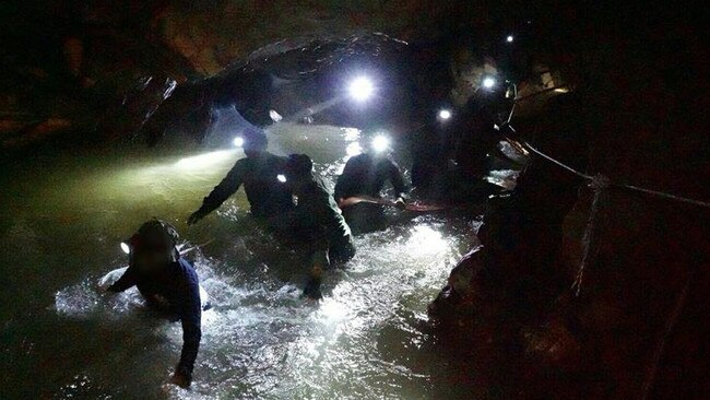 Thai Navy divers in the Tham Luang cave during the rescue operation in Chiang Rai, Thailand Picture: Getty