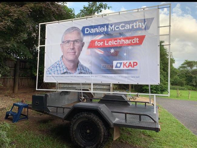 KAP candidate for Leichhardt Daniel McCarthy has had an advertising trailer stolen overnight from Reservoir Rd in Cairns. PICTURE: SUPPLIED