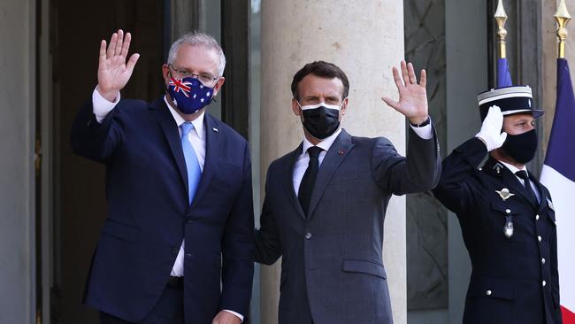 Emmanuel Macron welcomes Scott Morrison at the Elysee Palace in Paris in June. Picture: AFP