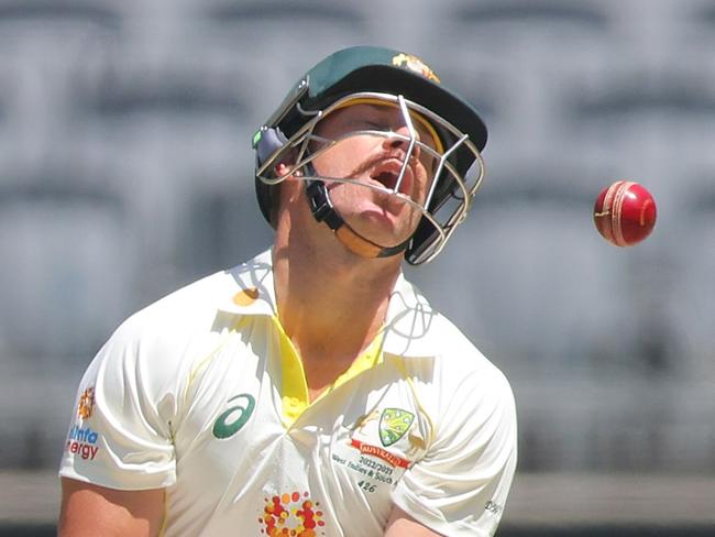 PERTH, AUSTRALIA - NOVEMBER 30: David Warner of Australia reacts after getting bowled out during day one of the First Test match between Australia and the West Indies at Optus Stadium on November 30, 2022 in Perth, Australia. (Photo by James Worsfold/Getty Images)