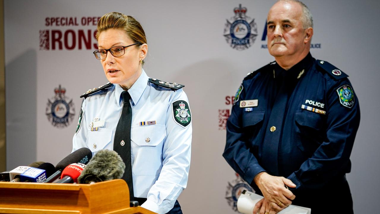 South Australian Police Assistant Commissioner Peter Harvey and AFP Commander Erica Merrin spoke to reporters at SA Police Headquarters. Picture: Mike Burton