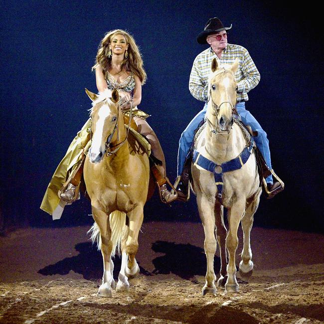 Beyoncé arrives clad in D&G and on horseback to perform for her hometown crowd at the Houston Livestock Show and Rodeo. Picture: Frank Micelotta/Getty Images